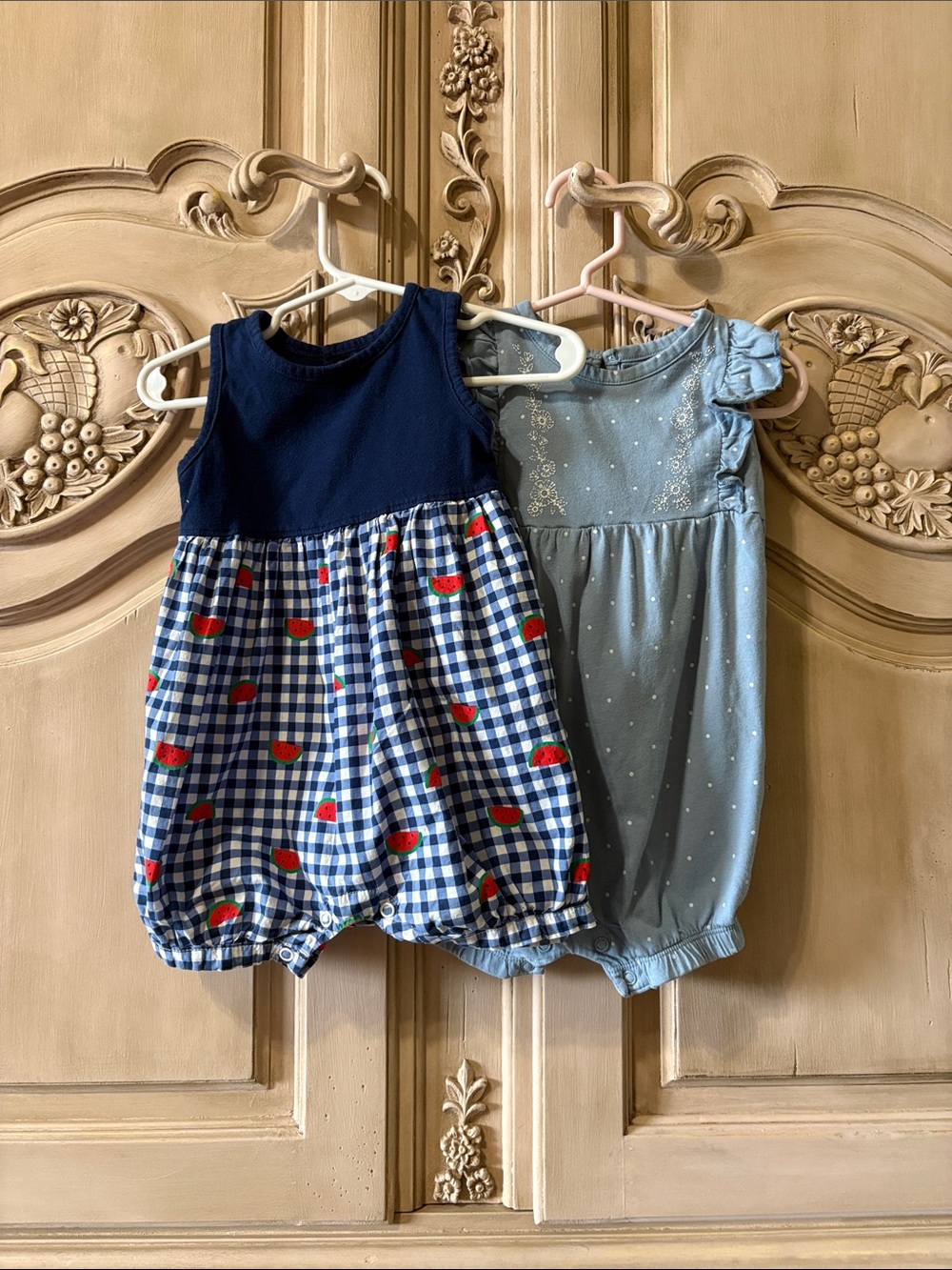 Navy & Blue Baby Rompers - Watermelon Gingham and Chambray Dot